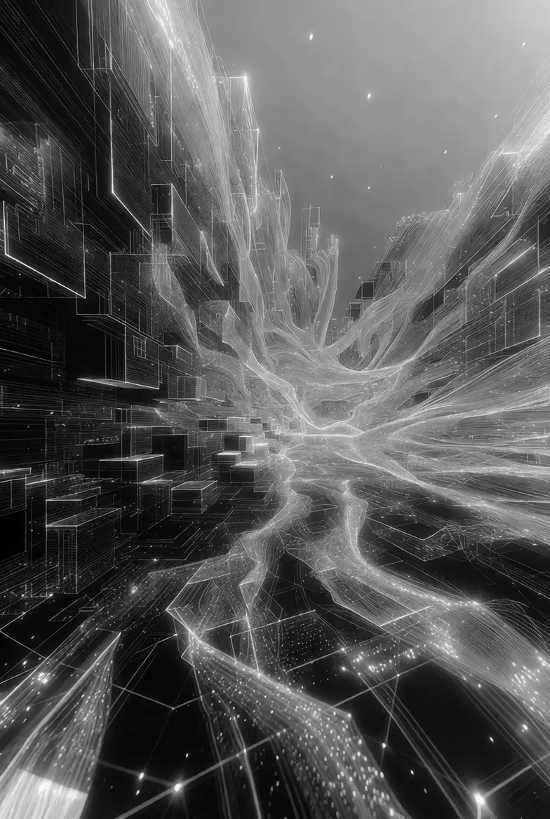Bright streams of light flow between dark abstract structures.