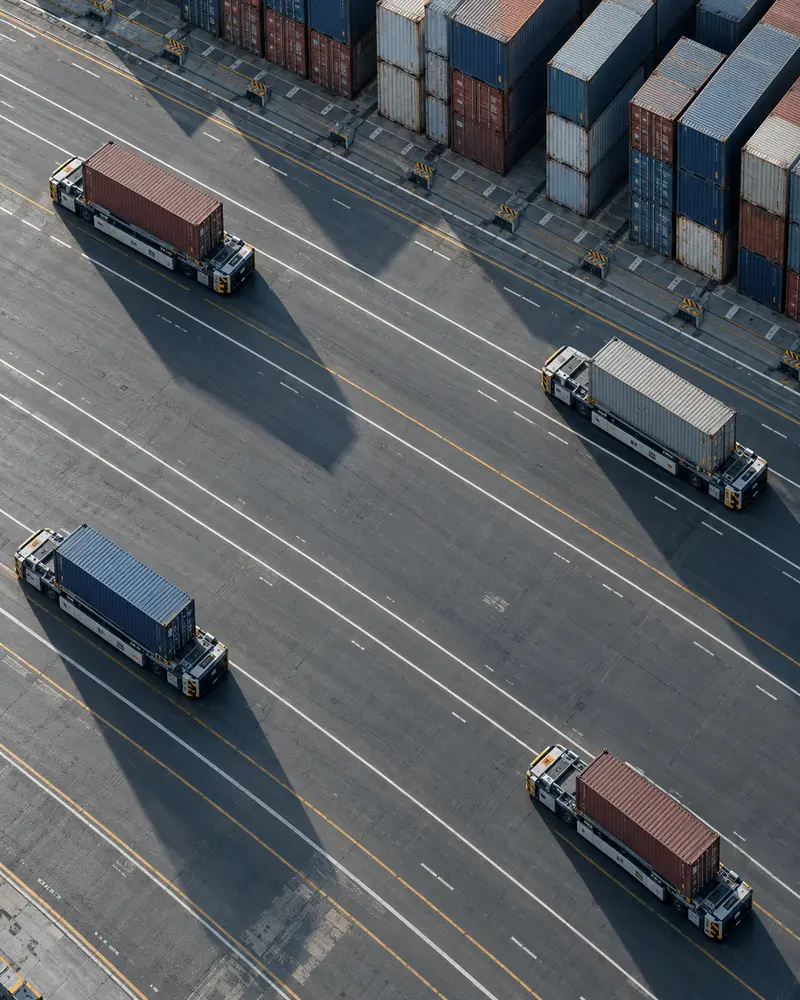 From above, driverless vehicles carry containers along the lanes of an automated terminal; at each move the client is notified.
