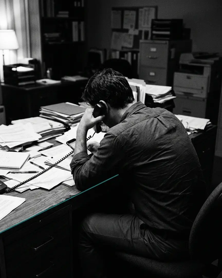 Seen from behind, a man on the phone at a desk buried in papers, chasing an update.