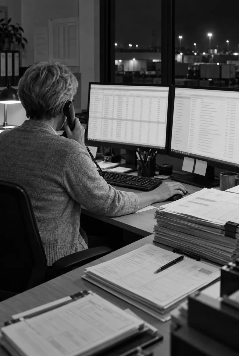 Late in the evening, a freight office worker on hold on the phone, two screens of spreadsheets and stacks of shipping documents beside them; the port lights glow outside.